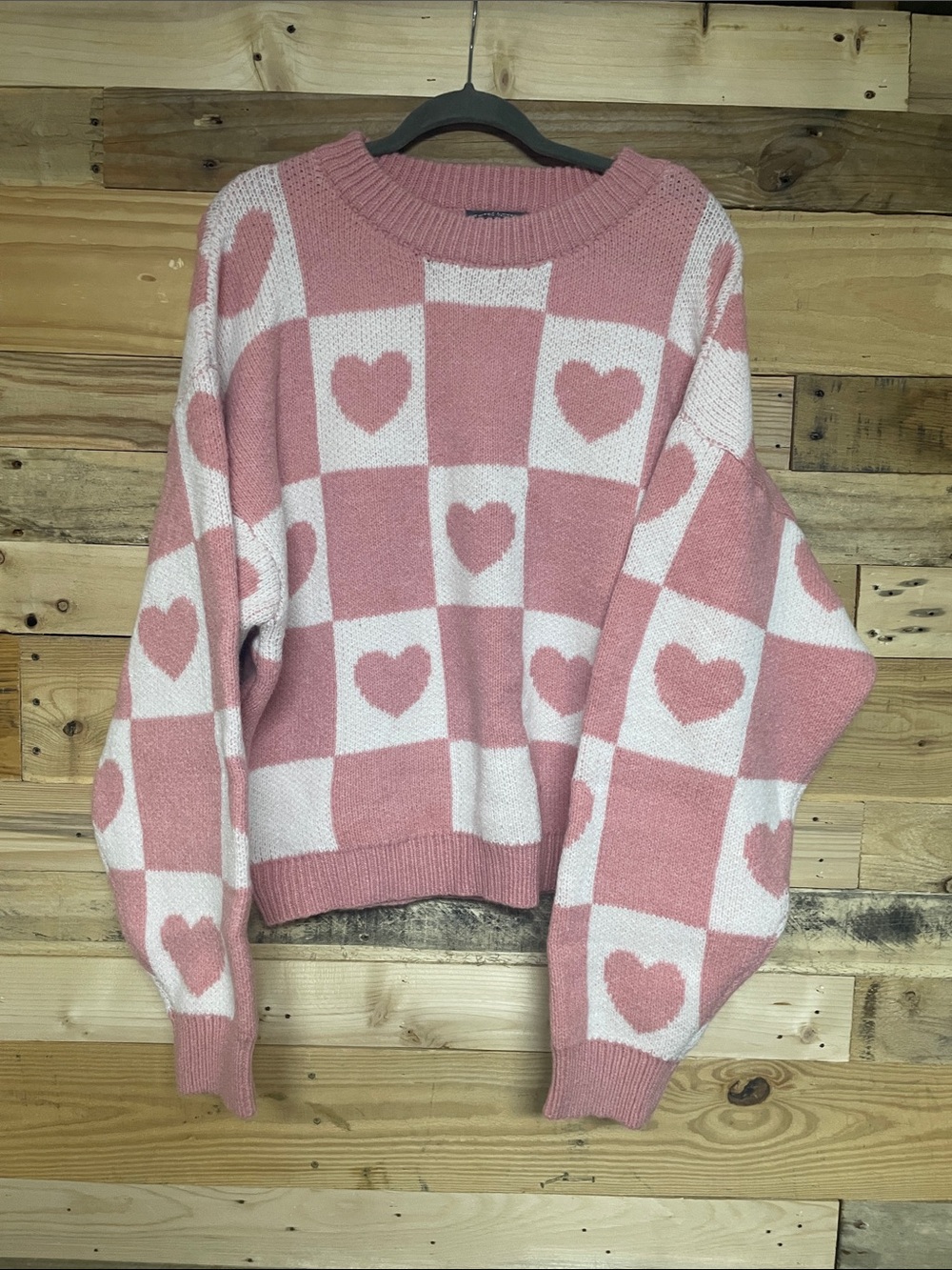Sweet Lovely by Jen size Large Pink and White Checkered Heart Super Soft Sweater